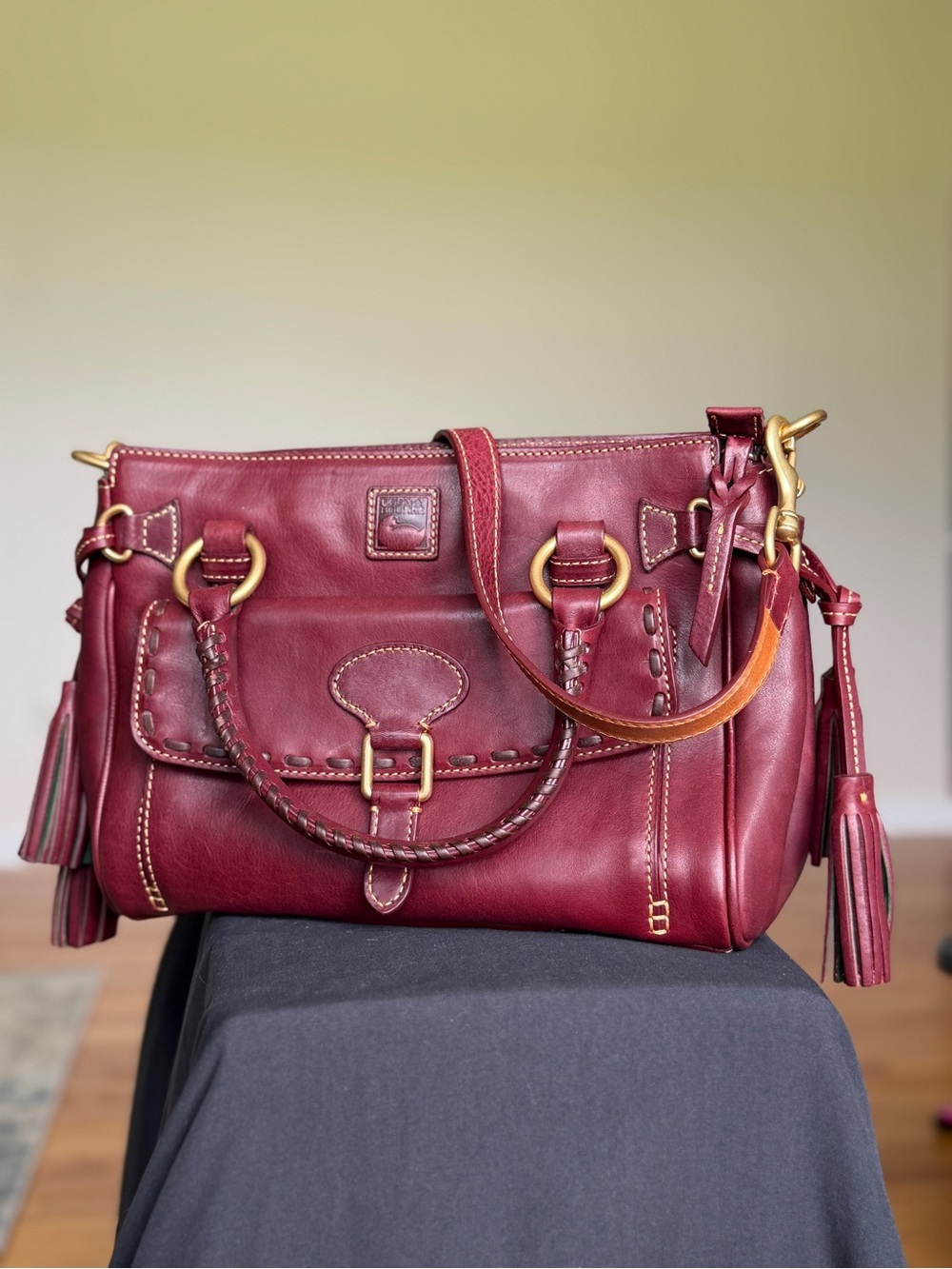 Dooney & Bourke Burgundy Leather Shoulder Satchel with Tassels